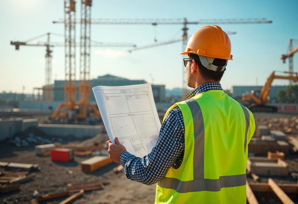 Construction engineer reviewing blueprints at construction site