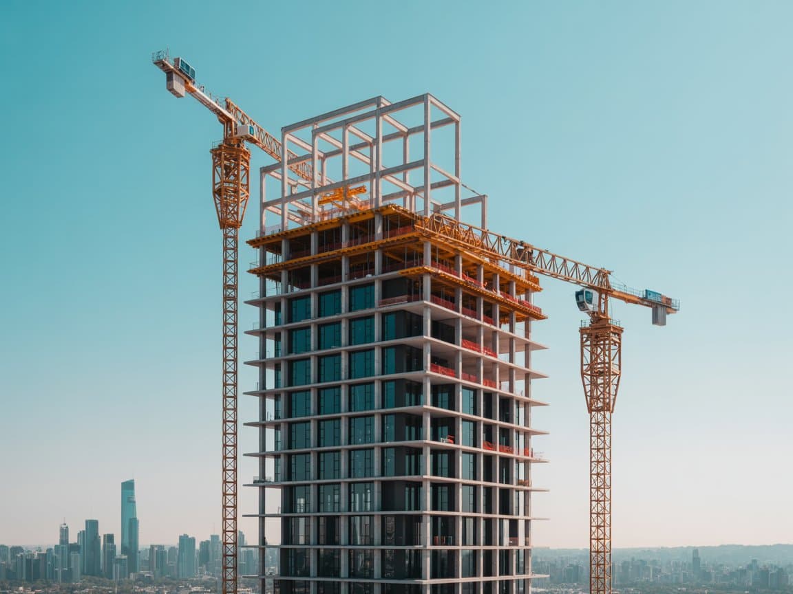 Modern high-rise building under construction with two tower cranes against a clear blue sky